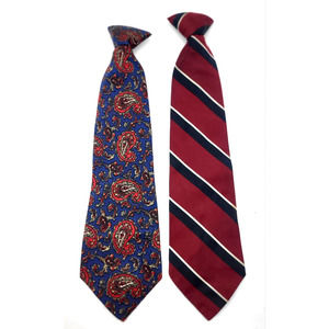 Vintage Retro Clip On Tie Lot of 2 Red Black Diagonal Stripe & Blue Red Paisley